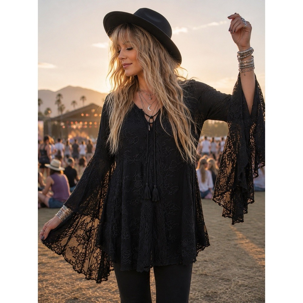 Altar'd State Black Embroidered Boho Tunic Medium Bell Sleeve Lace Top Festival